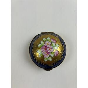 Rochard Limoges France Round Trinket Box Hand Painted Floral Cobalt Gold